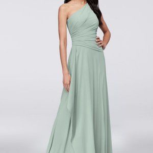 David's Bridal One Shoulder Georgette Dress in Dusty Sage